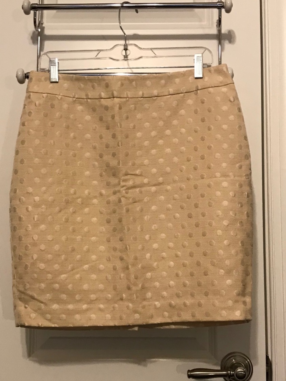 Ann Taylor fully lined beige miniskirt with embroidered cream polka dots (10P)